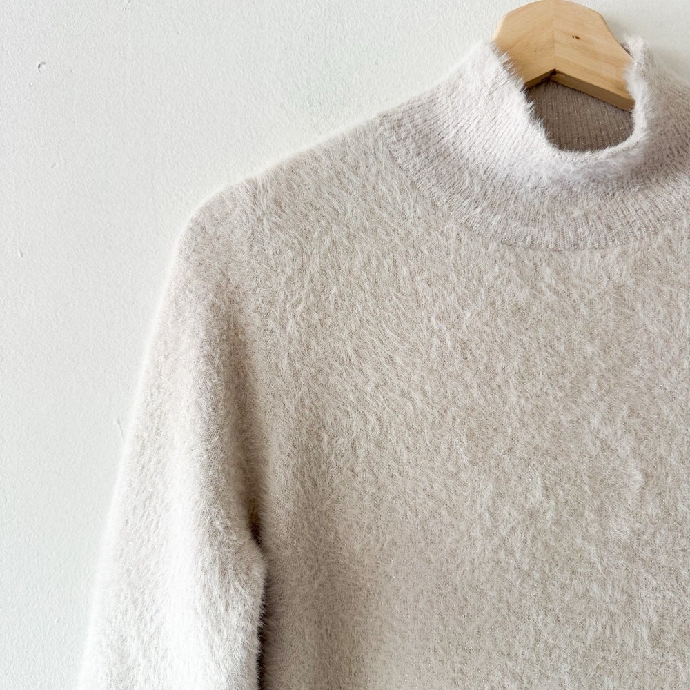 BAILEY/44 Women's Beige Fluffy Mock Neck Tight-Knit Pullover Sweater Dress L - Picture 4 of 11